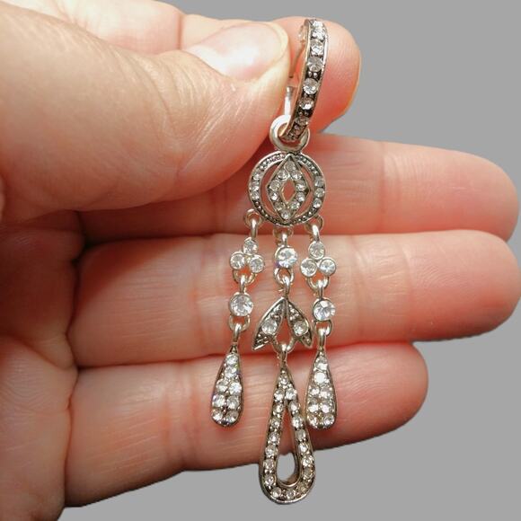 Monet Chandelier Earrings Rhinestone Dangle Silvertone NWT Hoops Detach Art Deco - Picture 8 of 12